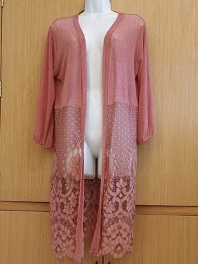 Ember SZ L Dusty Rose Lace Panel Open Duster Cardigan